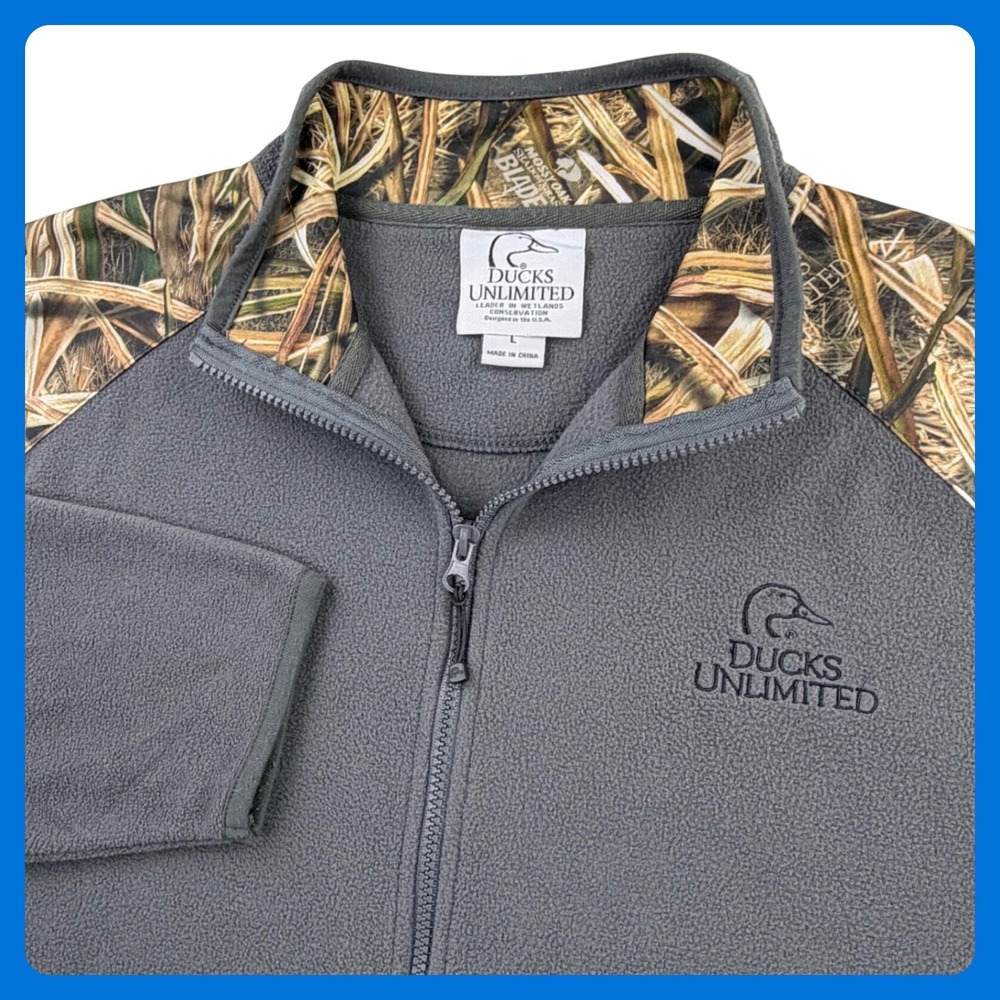 Ducks Unlimited Mossy Oak Fleece Jacket Men Large Gray Camo Full Zip Hunting